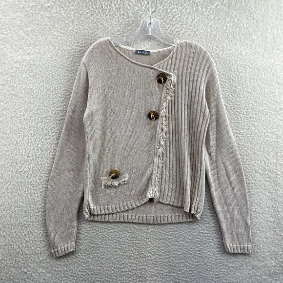 Katamai Sweaters - Katamai Beige Cream Knit Button Fringe Long Sleeve Pullover Sweater Womens XL